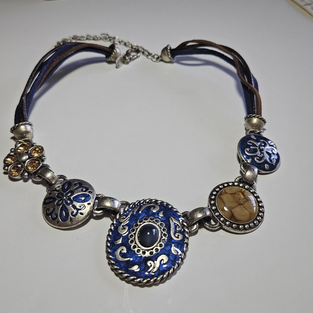 Stunning Vtg Signed CHICO'S 5 Asst'd Medallion Enamel & Leather Necklace 17-21"